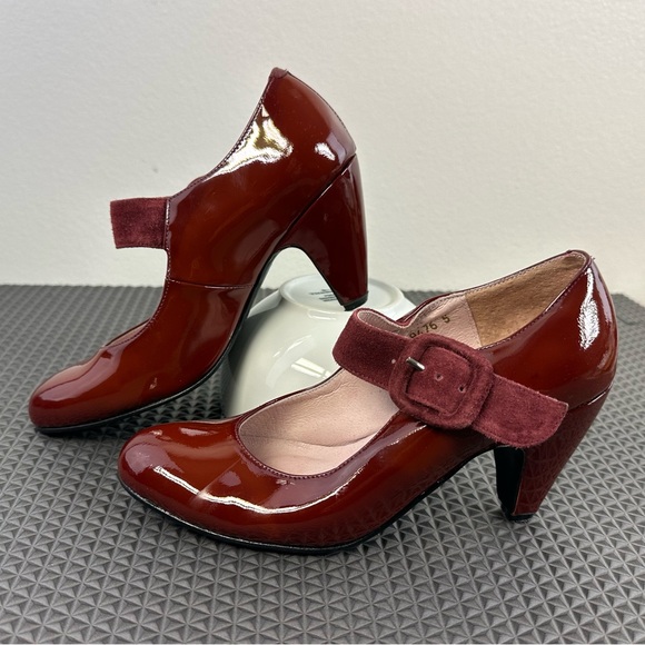 Carmelletes Wine Red Patent Leather Suede Mary Janes Heels Dancing Shoes, Sz 5 - Picture 2 of 12